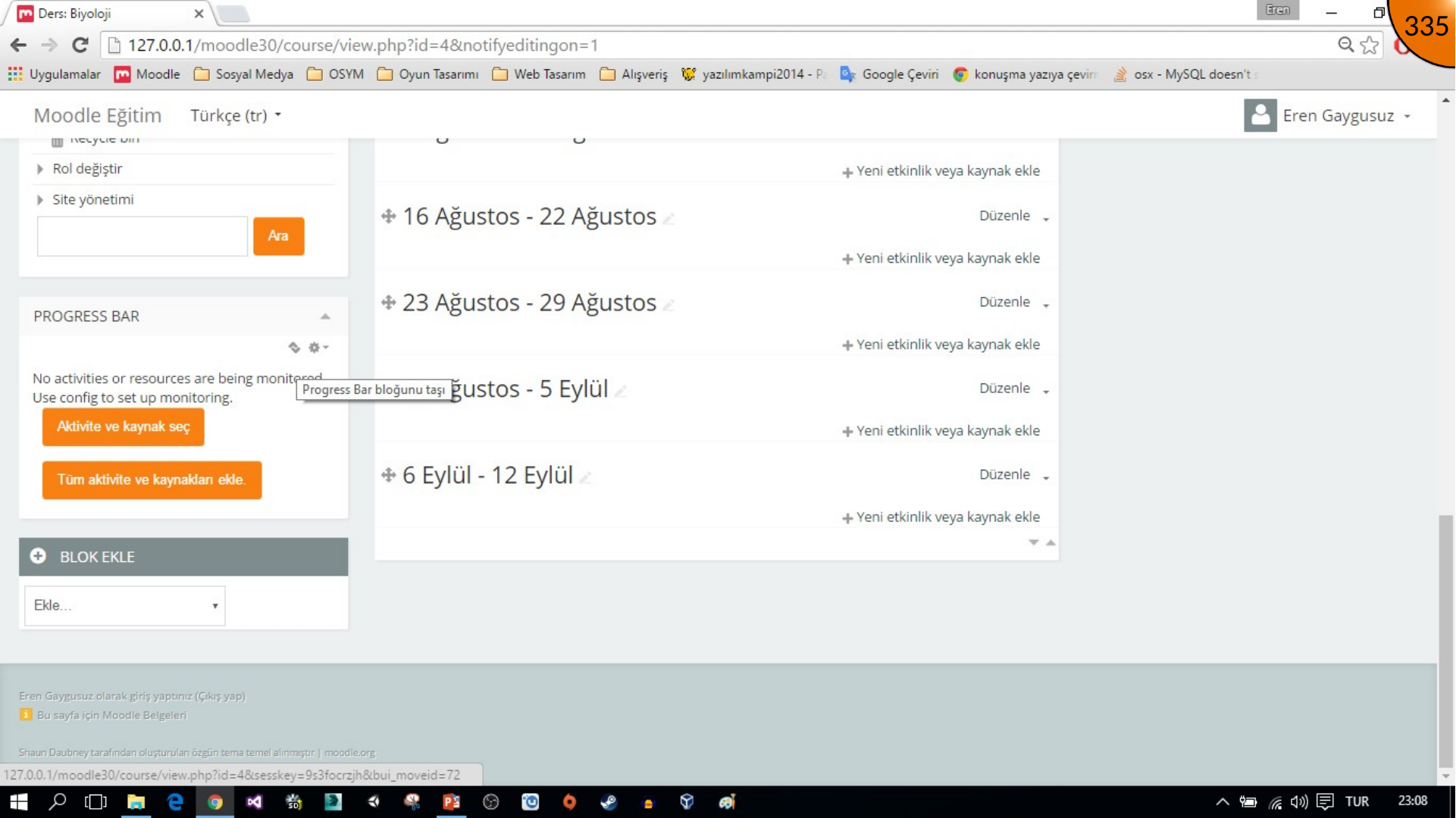 Moving added Moodle Progress Bar block