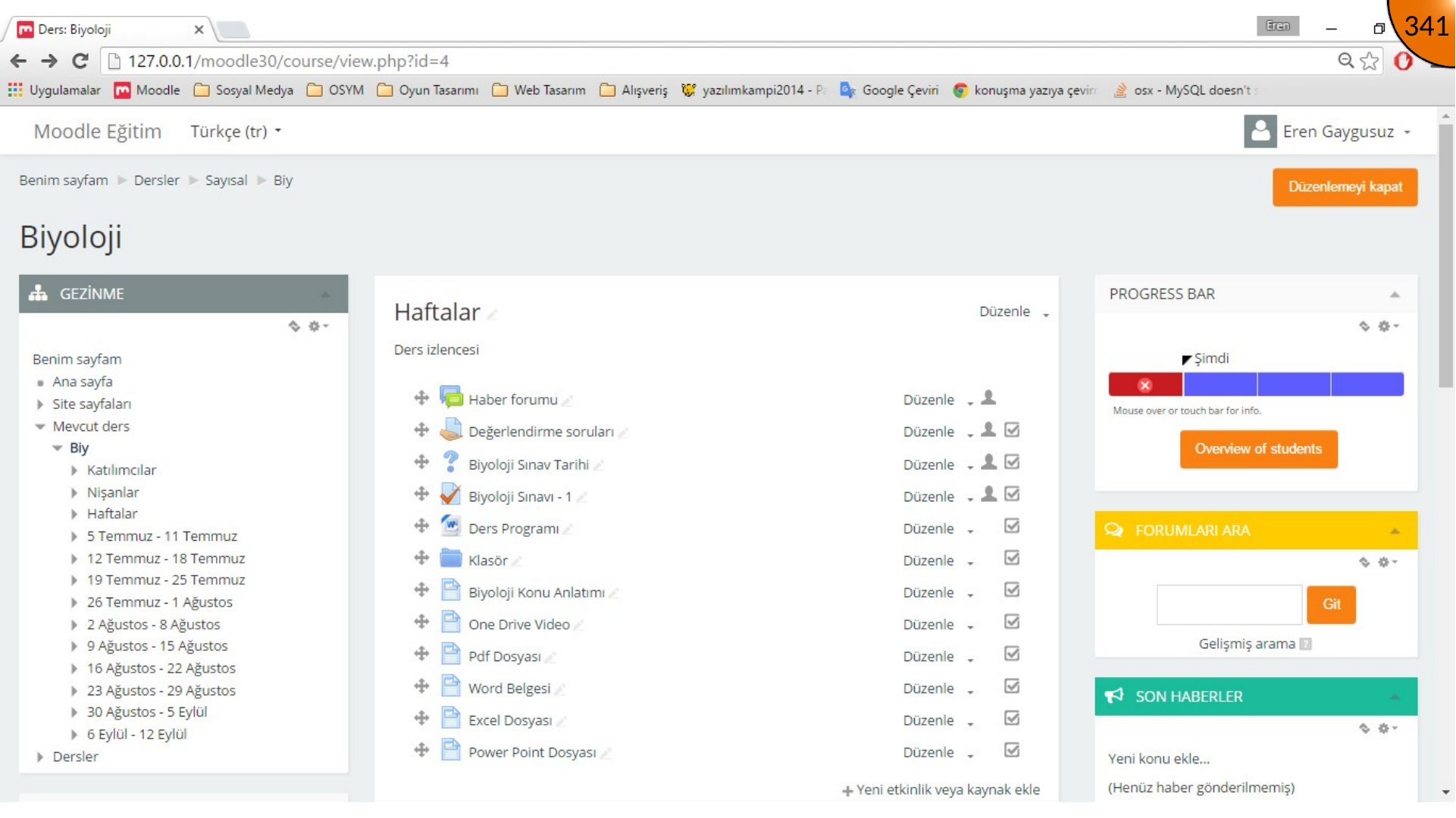 Configured Moodle Progress Bar block with status colors