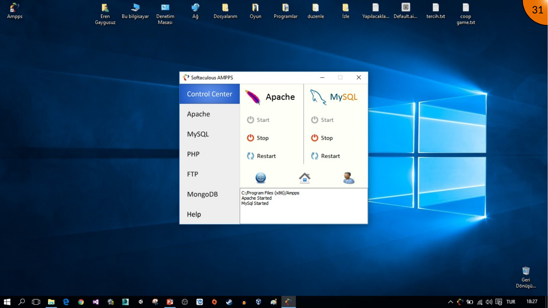 AMPPS control panel with Apache and MySQL services active