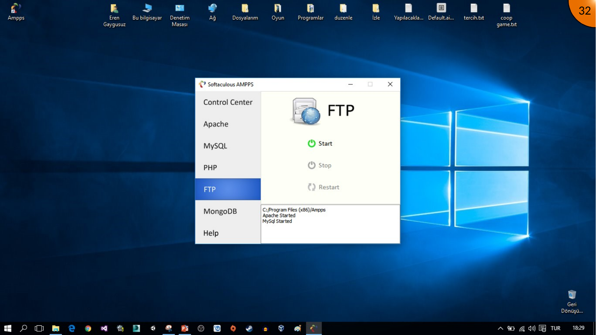 Starting the FTP service from the AMPPS control panel