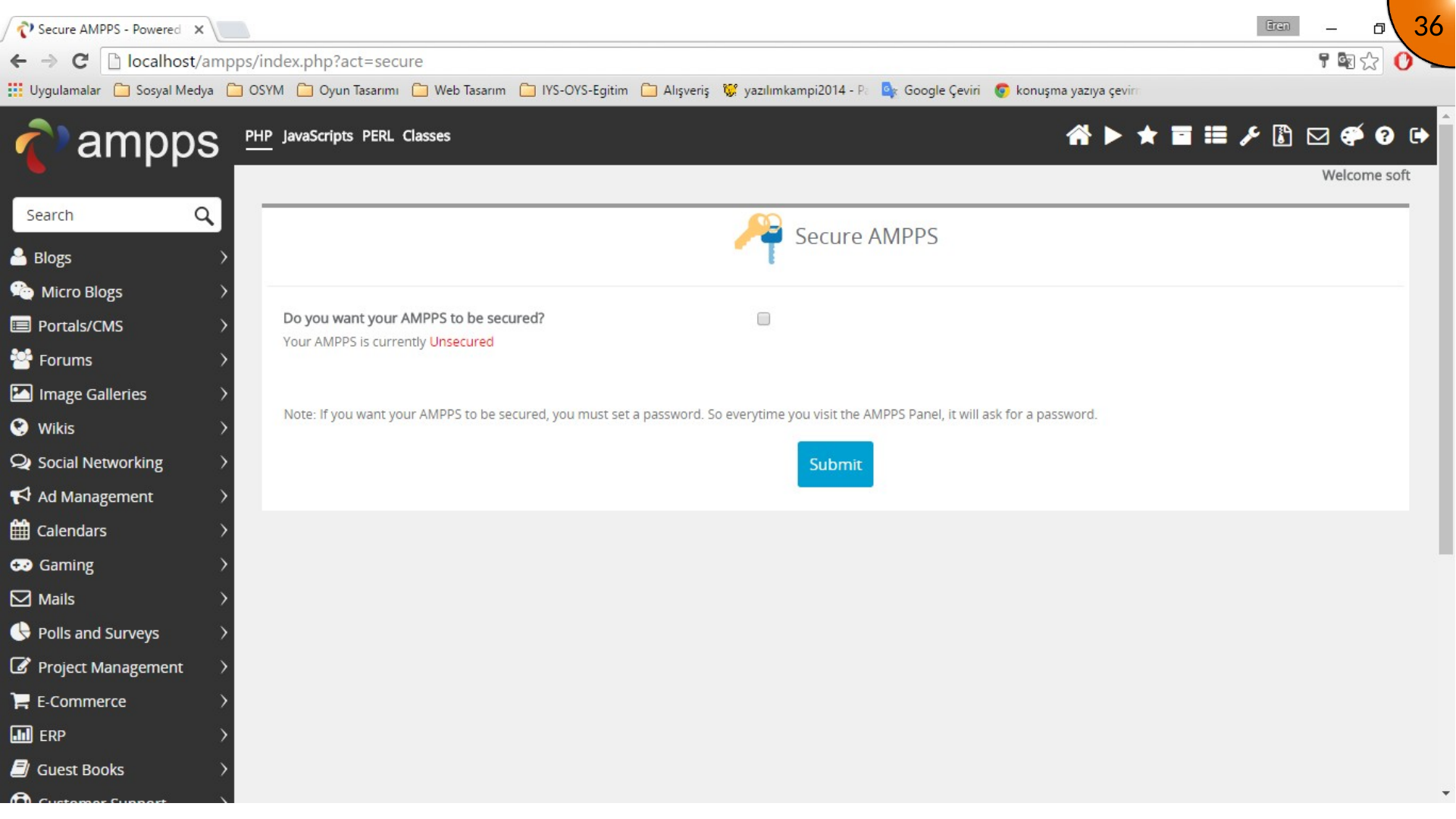 AMPPS localhost home page opened in a web browser