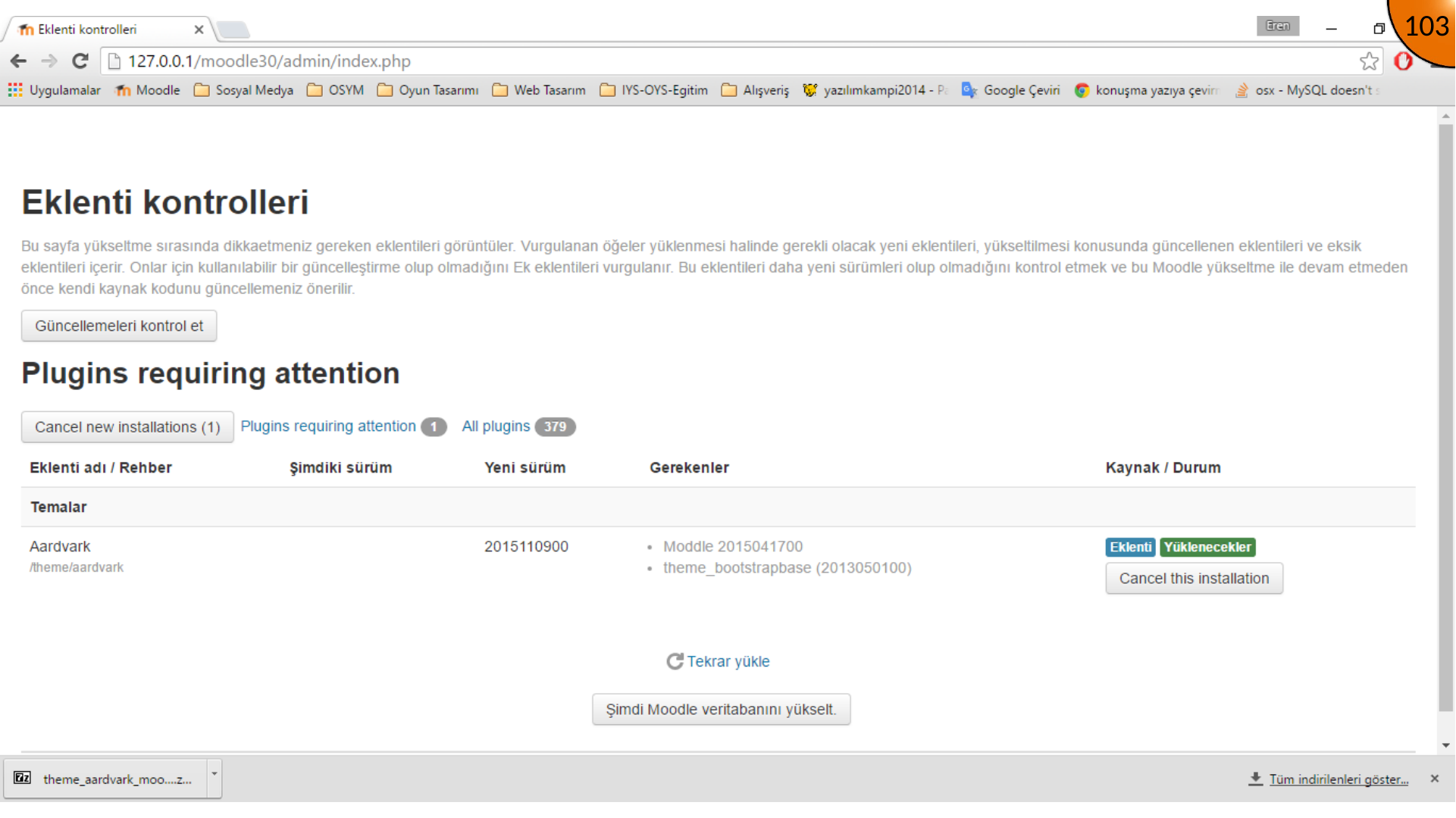 Moodle database upgrade after theme installation