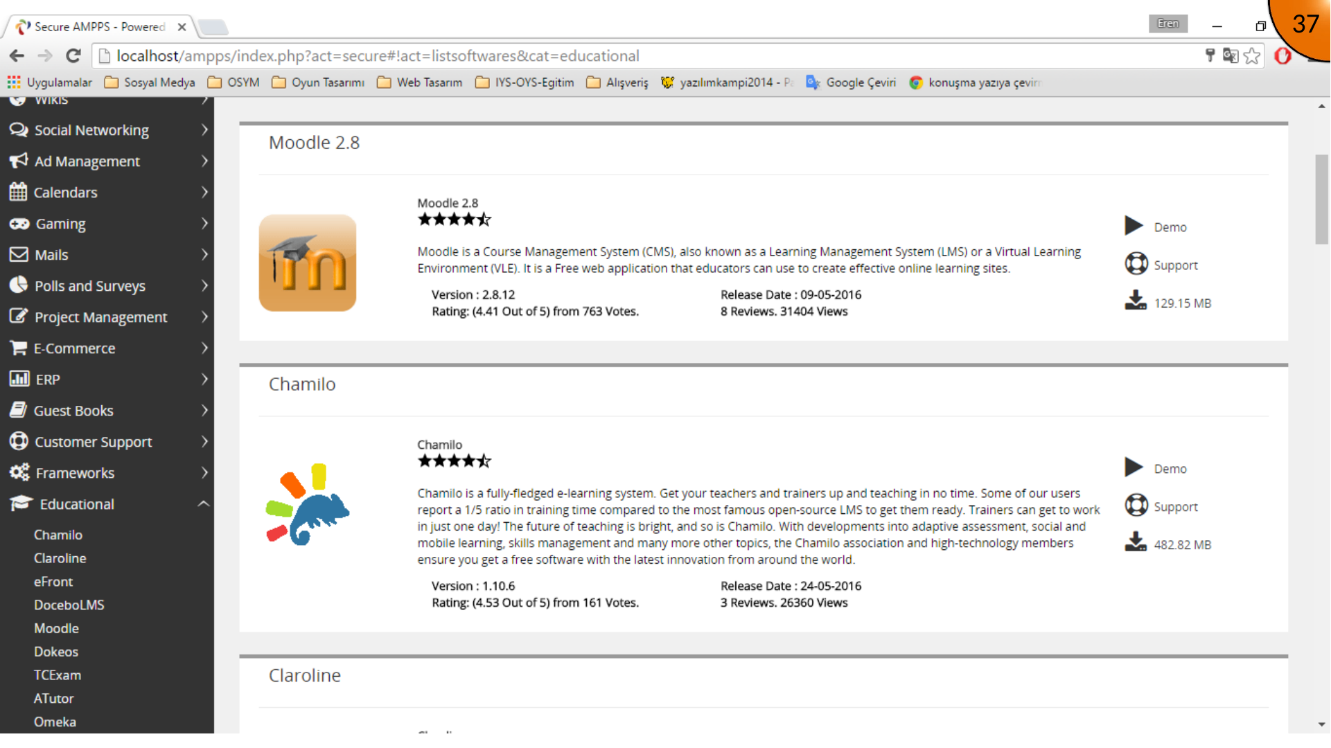 Selecting Moodle from the Educational category in the AMPPS localhost page