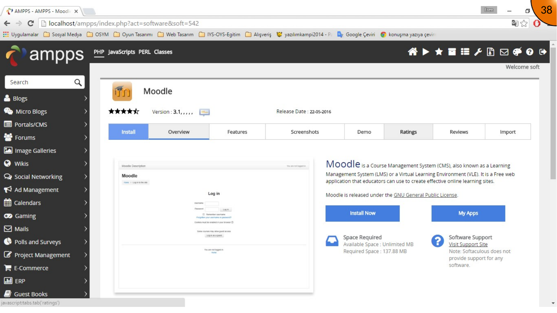 Starting the Moodle installation from the AMPPS application page