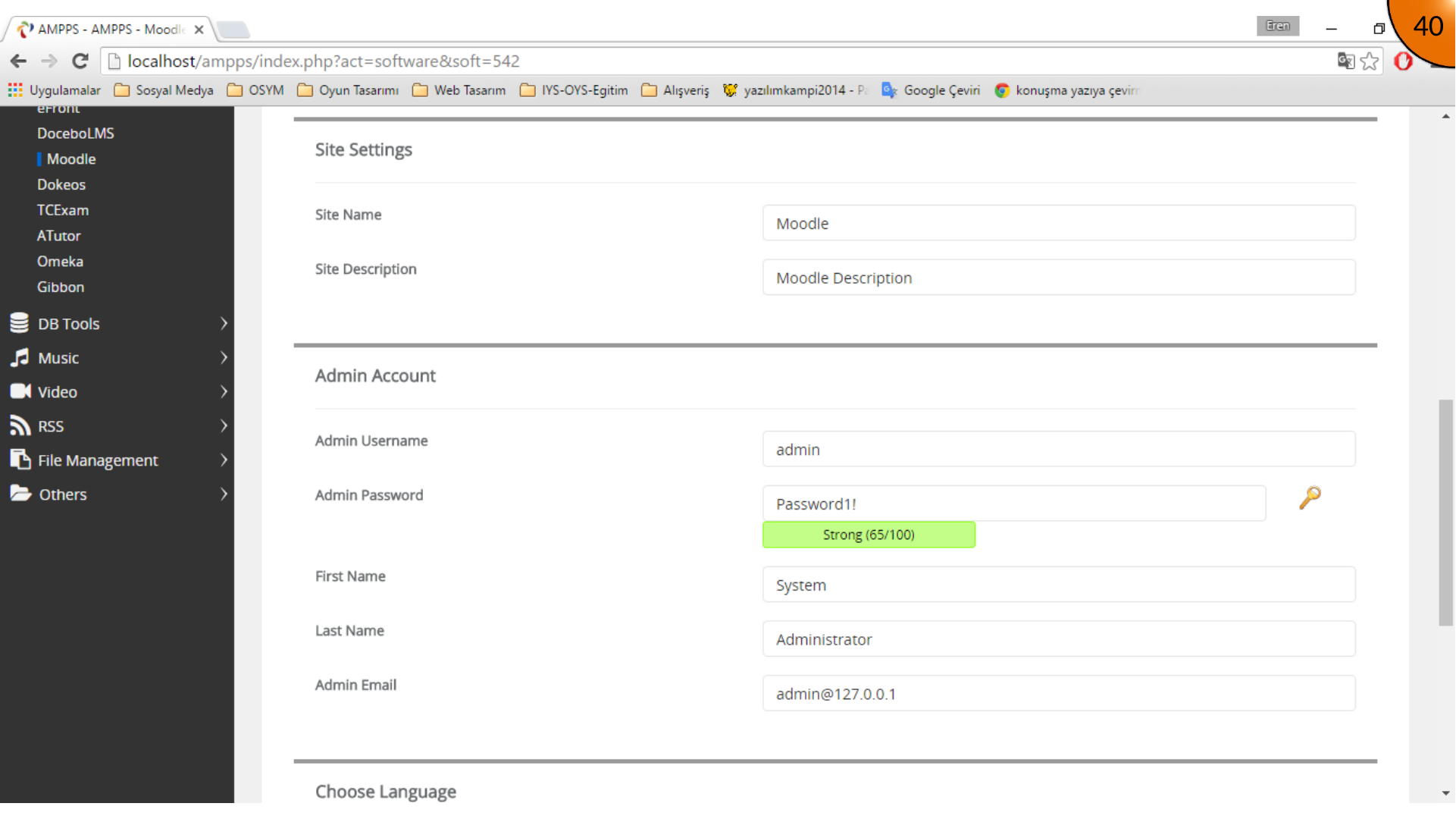 Moodle installer fields for site settings and administrator account details