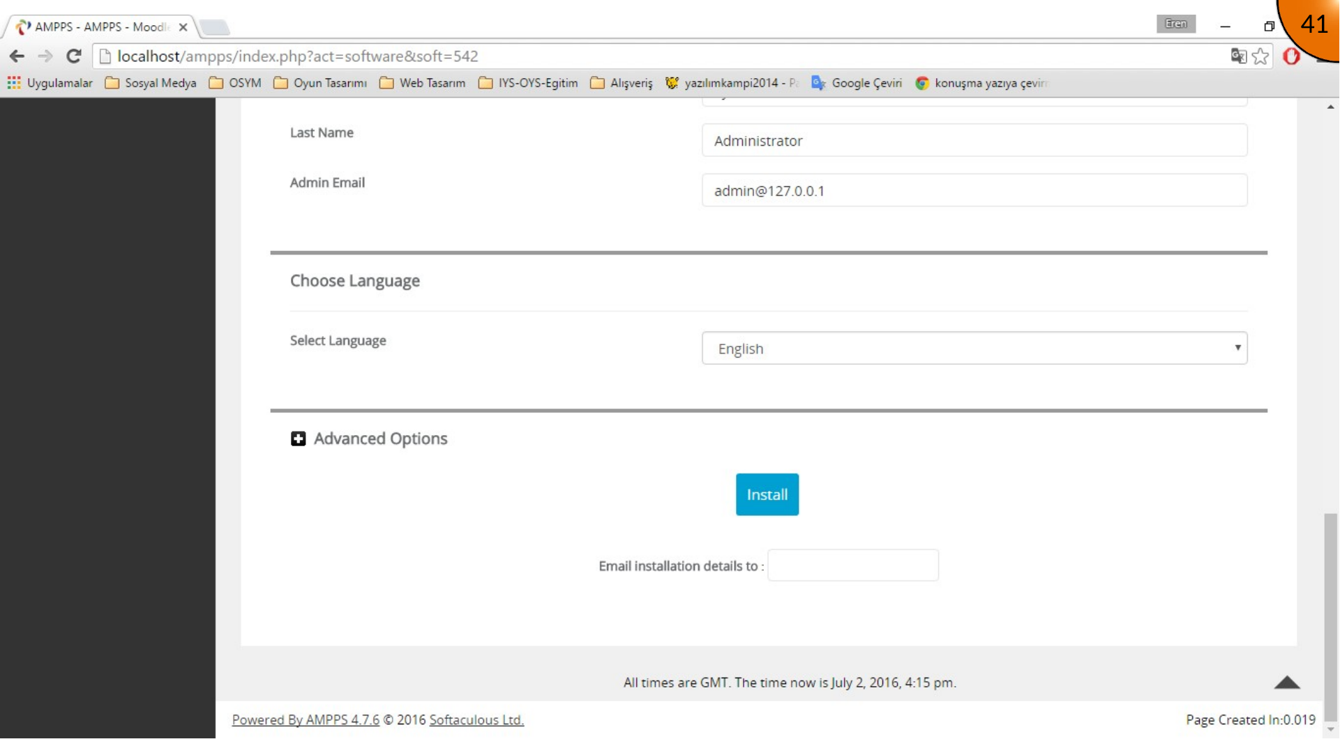 Moodle installer language selection and Install button