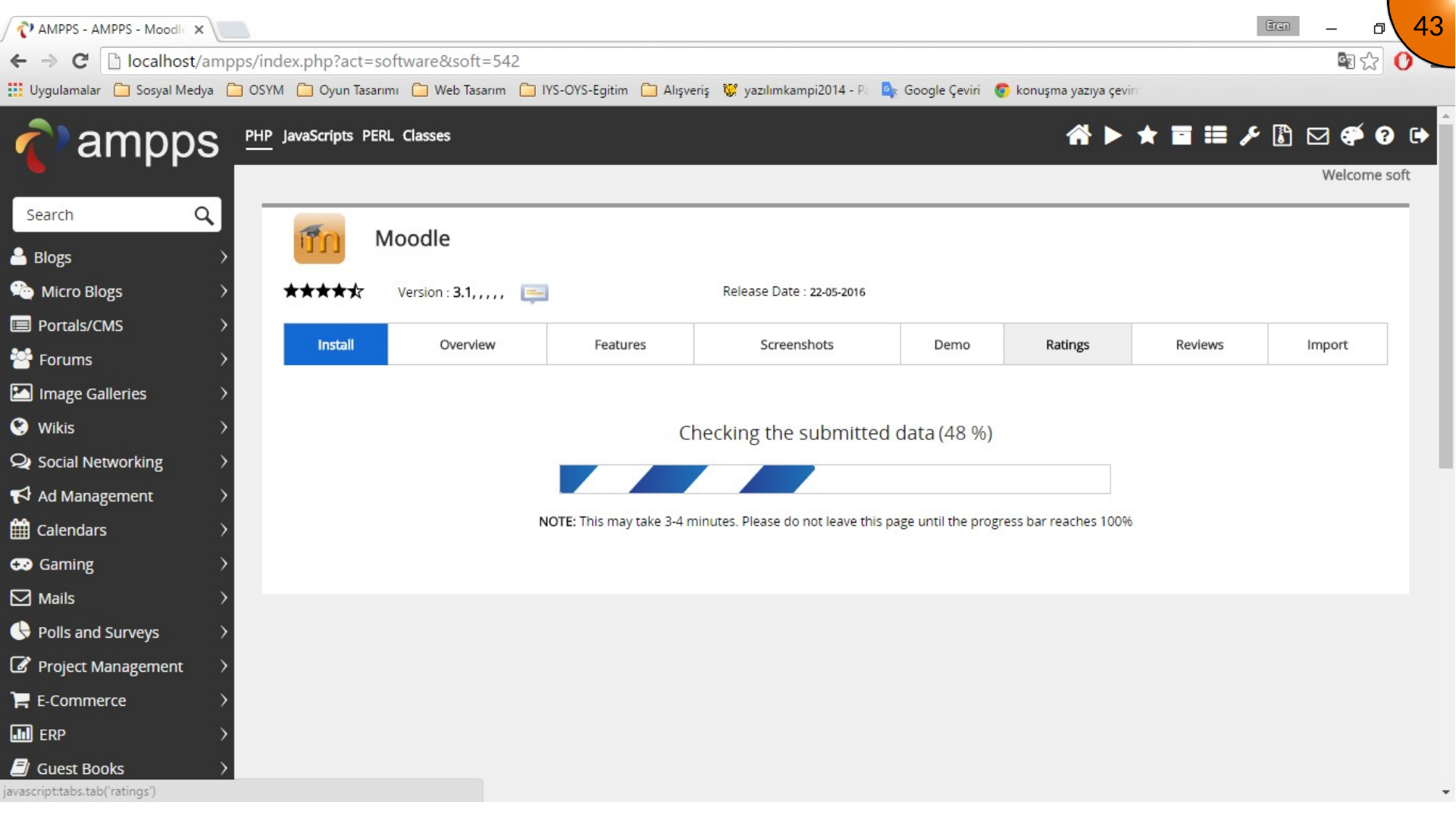 Moodle local installation in progress in AMPPS