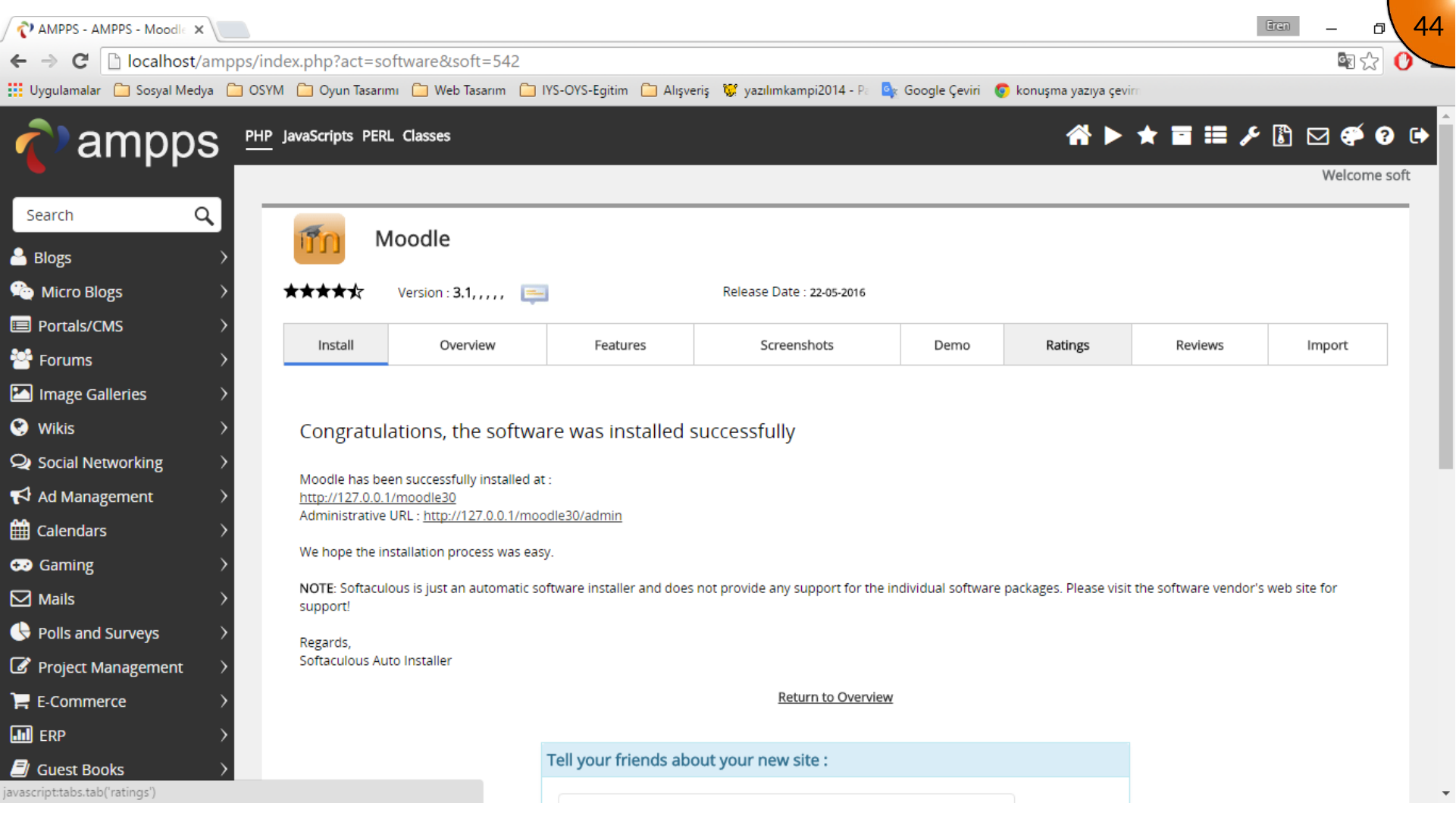 AMPPS confirmation that Moodle was installed locally