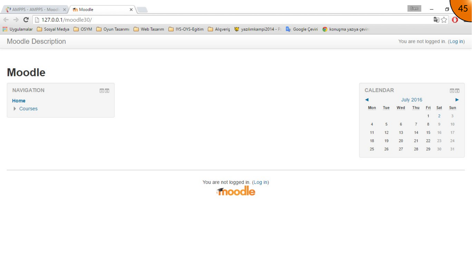 Moodle local home page after the AMPPS installation completes