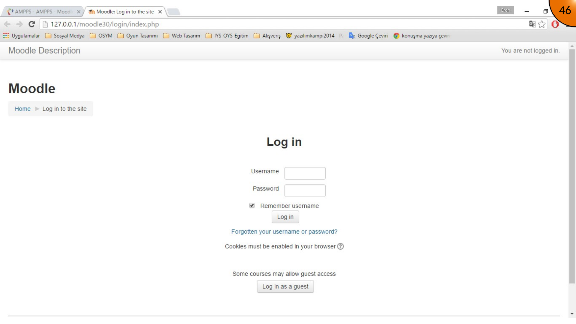 Direct local Moodle administration URL in the browser address bar