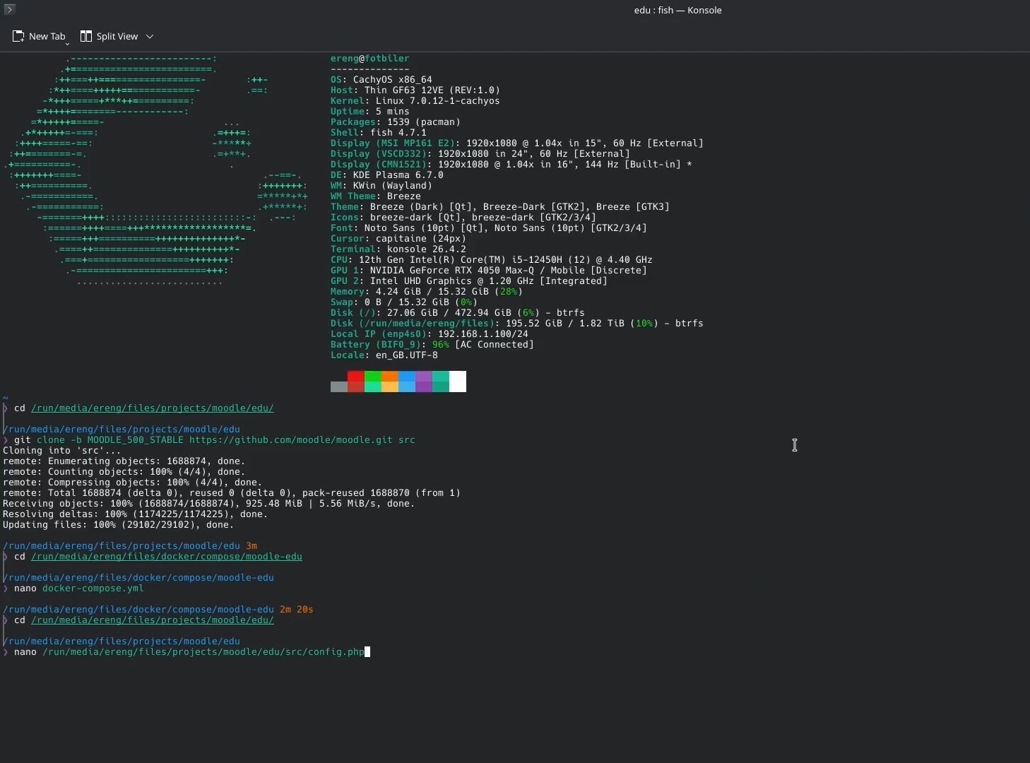 Opening the Moodle config.php file from the terminal