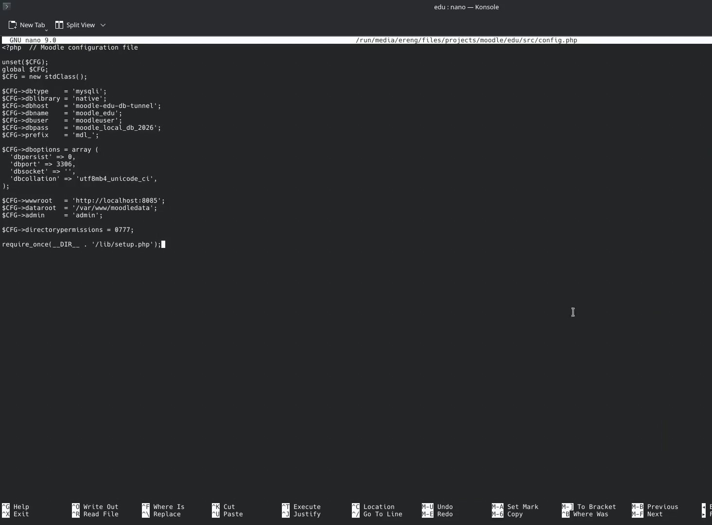 Moodle config.php file open in the Nano editor