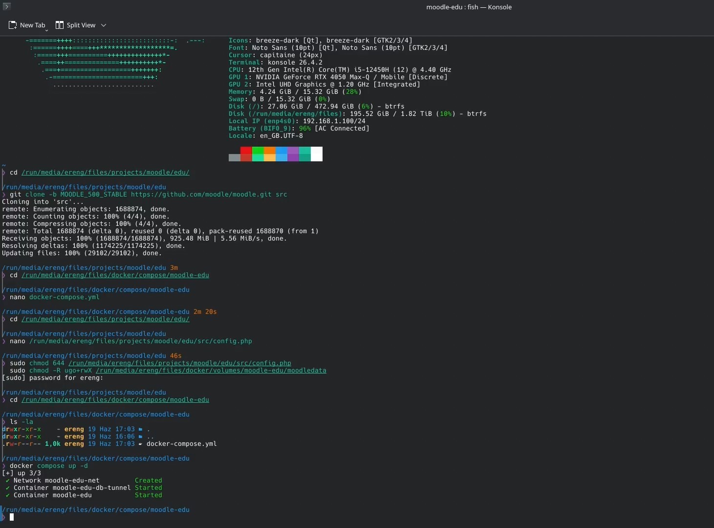 Docker Compose successfully starting the Moodle containers