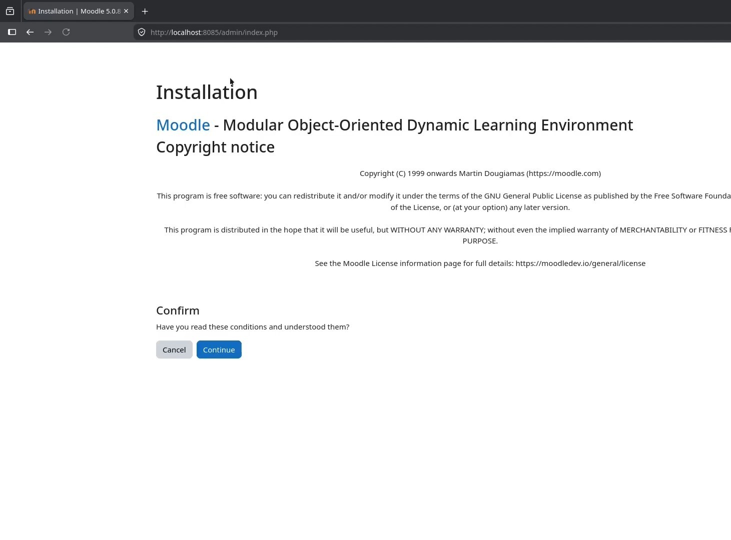 Moodle installation license confirmation page