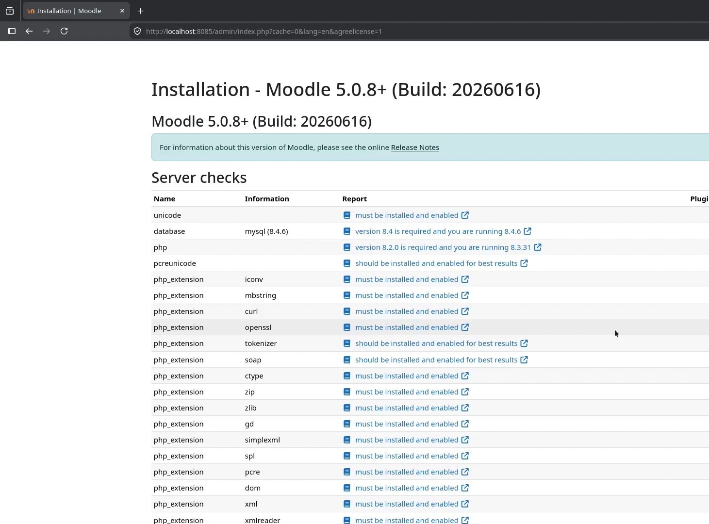 Moodle server checks showing PHP and database requirements