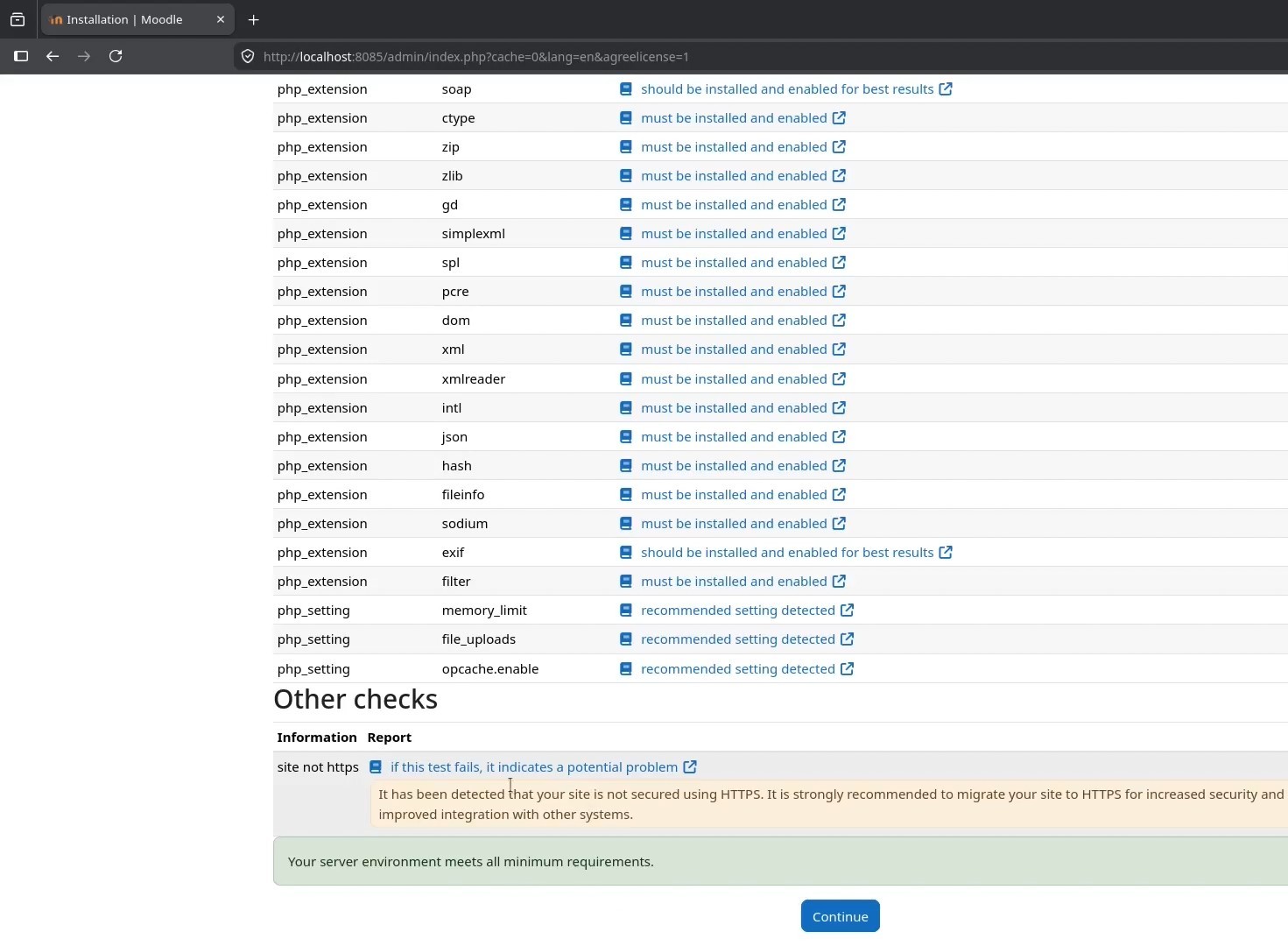 Moodle server checks completed with the local HTTP warning