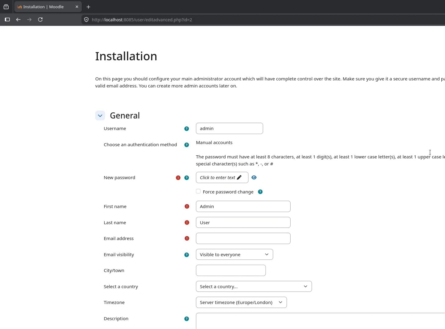 Moodle administrator account setup form