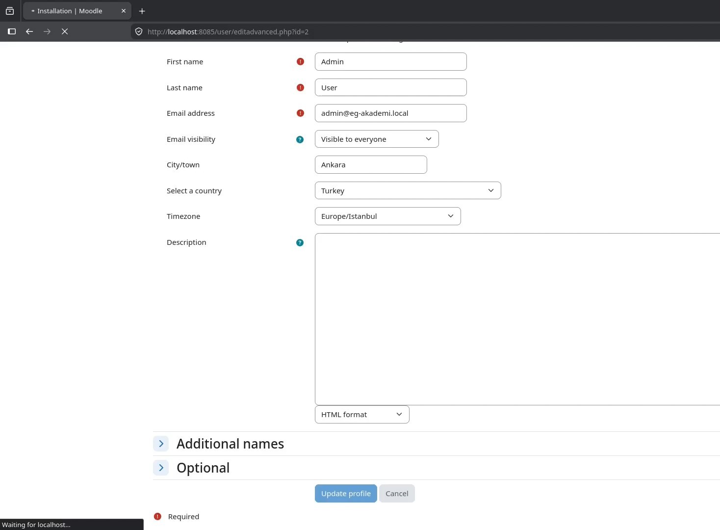 Completed Moodle administrator profile with location and time zone