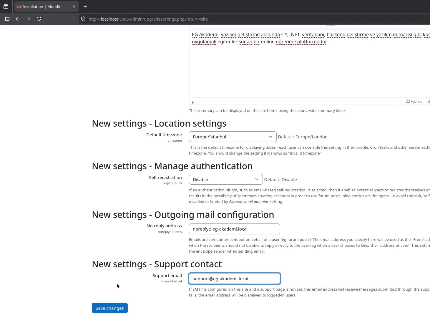 Moodle outgoing email and support contact settings