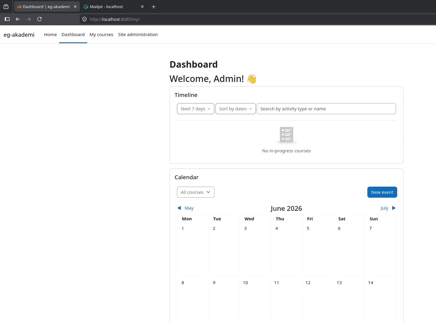 Moodle administrator dashboard after local Docker installation
