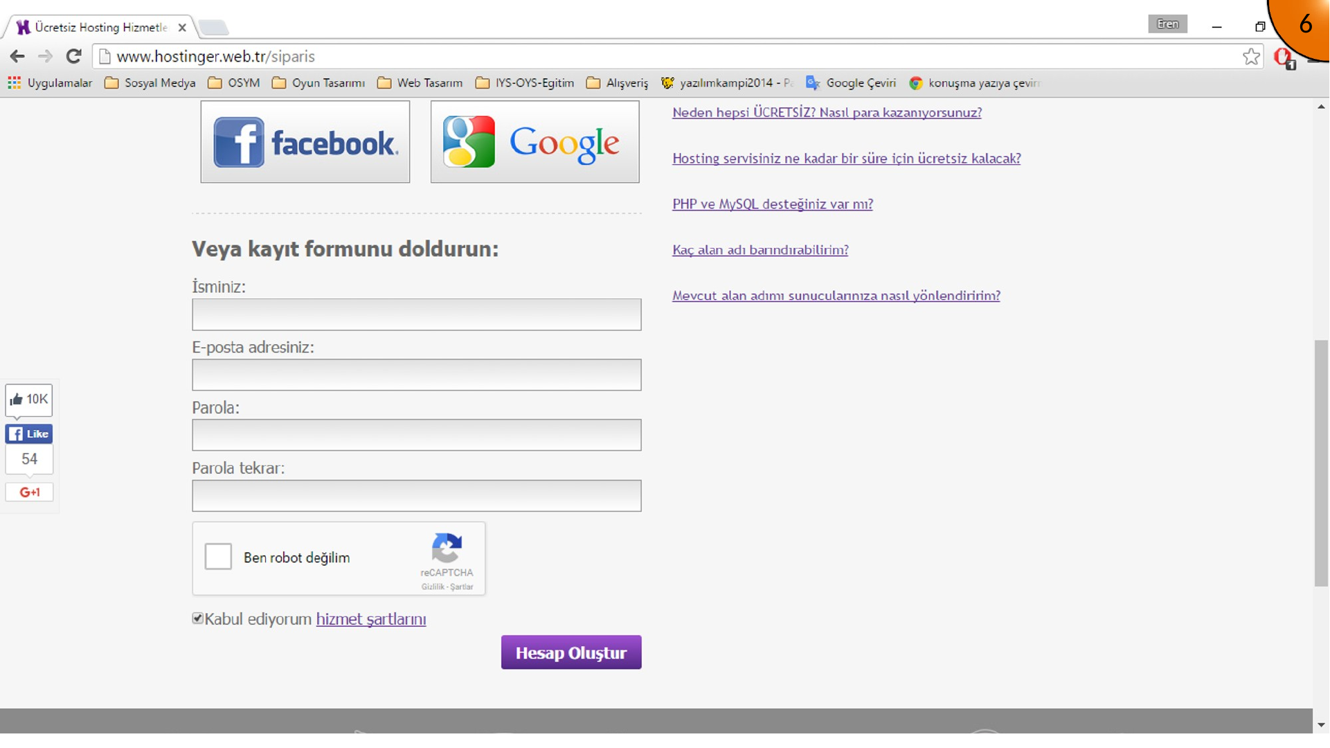Hosting account registration form