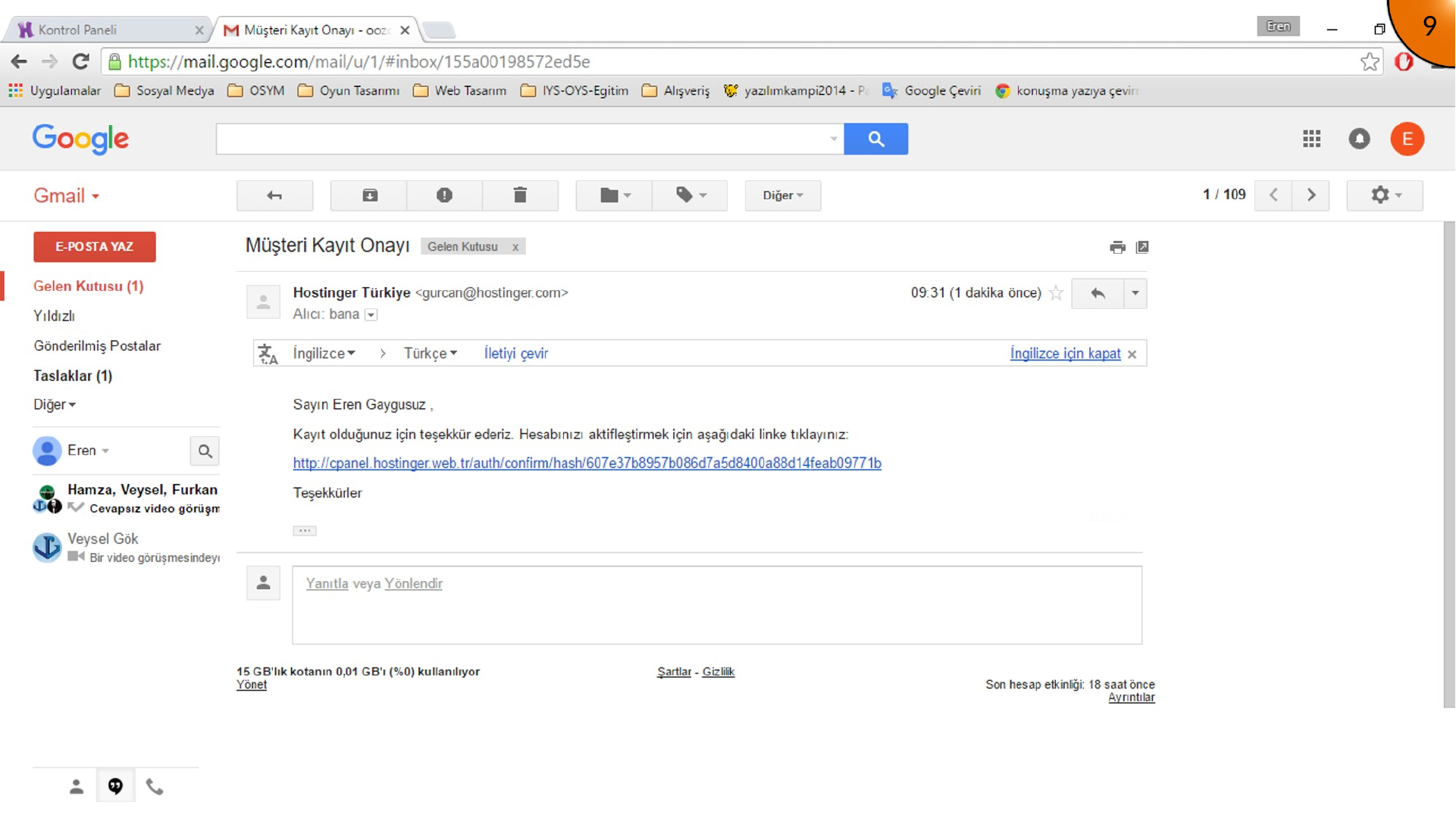 Selecting the verification link in the hosting account email