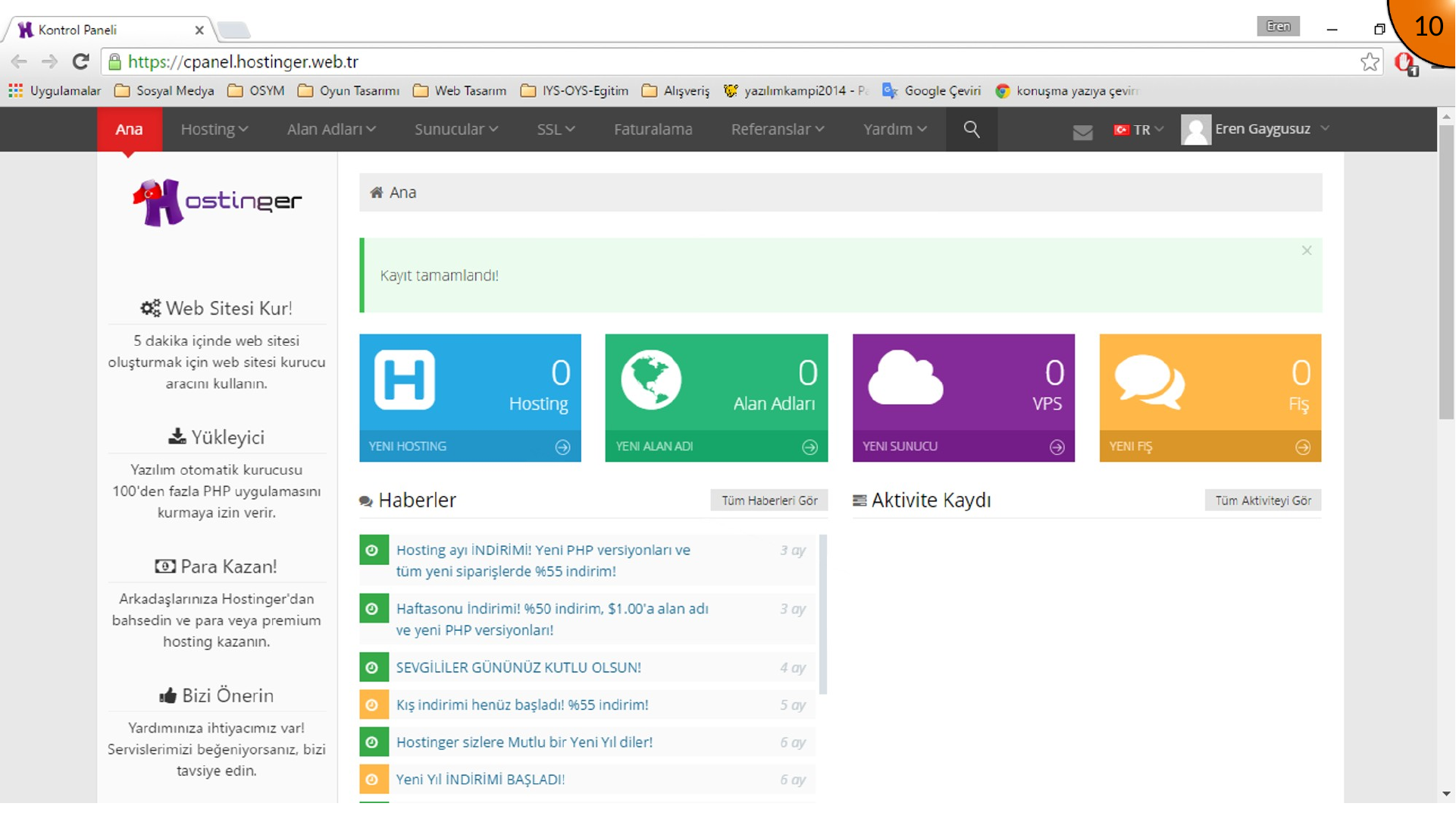 Hosting control panel with the option to create a new hosting site
