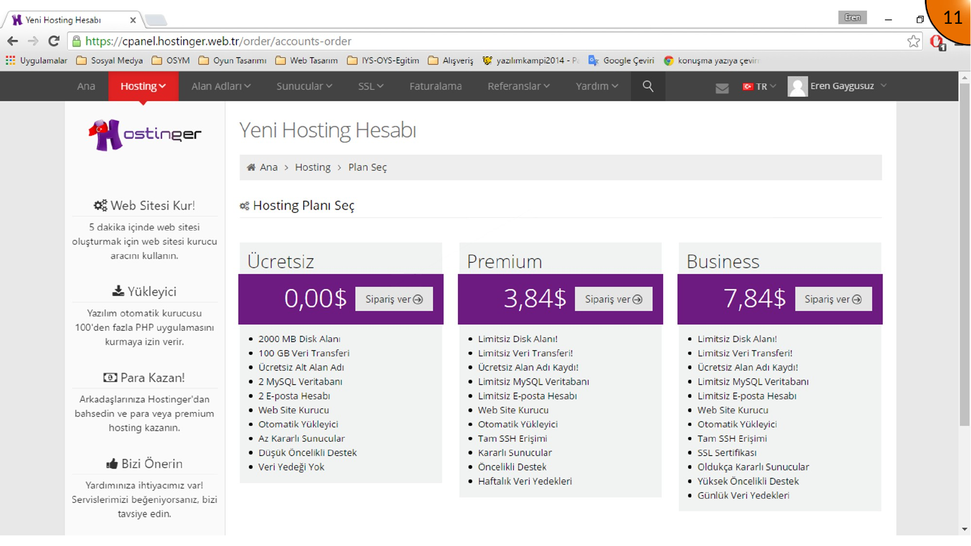 Starting the hosting plan order from the control panel