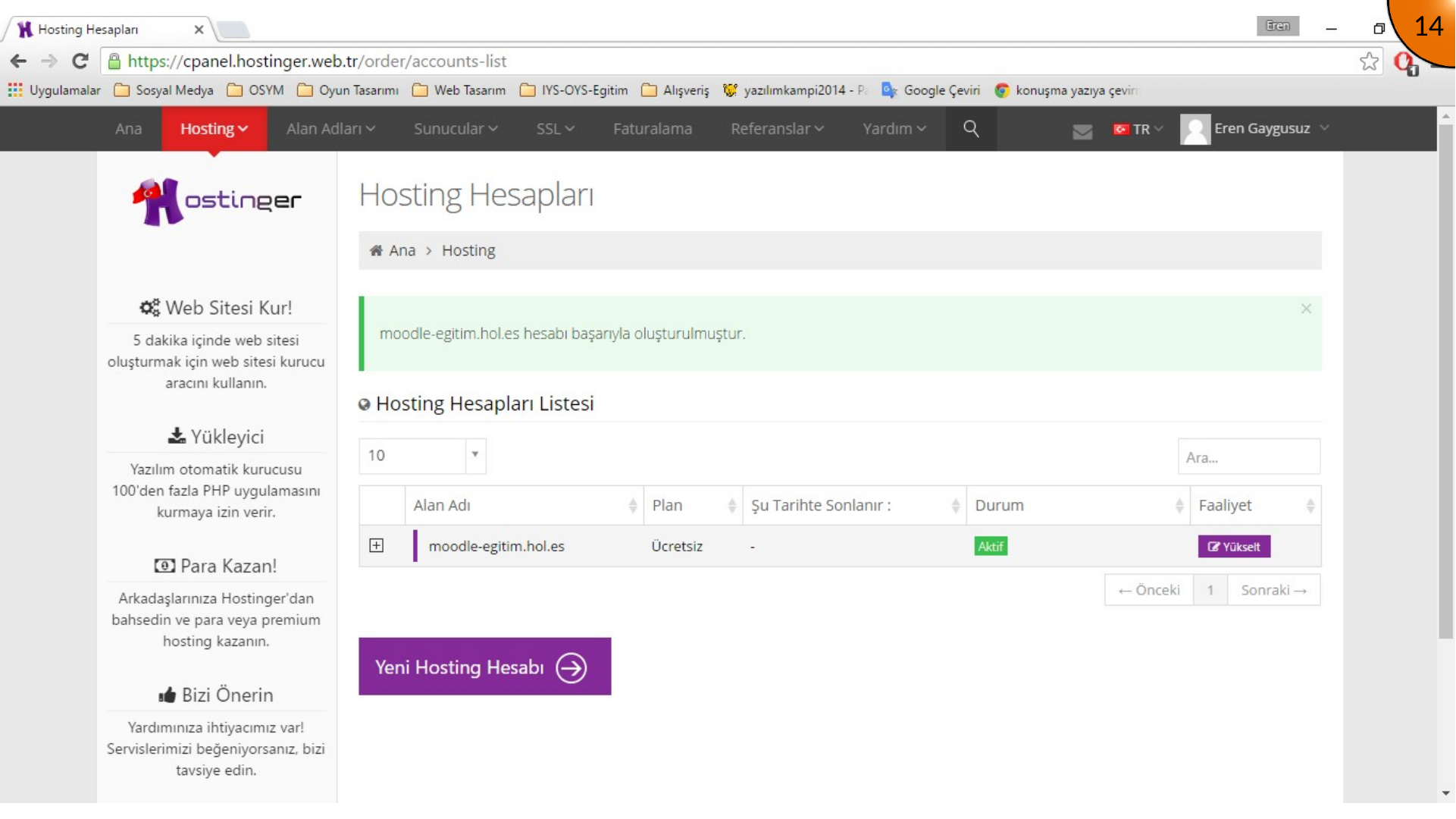 New hosting site created in the control panel