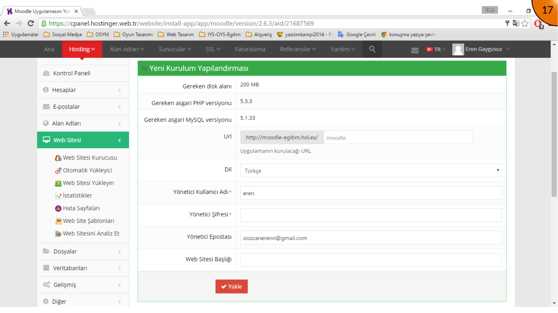 Moodle auto installer settings for directory, administrator account, and site title