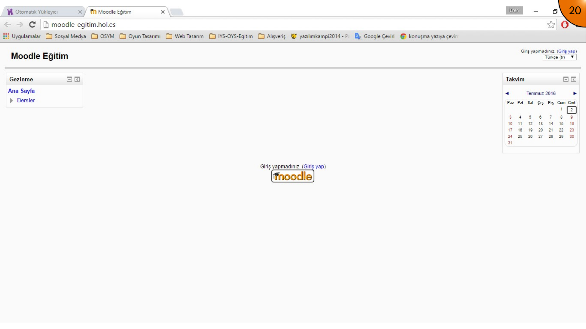 Moodle home page after the hosted installation completes