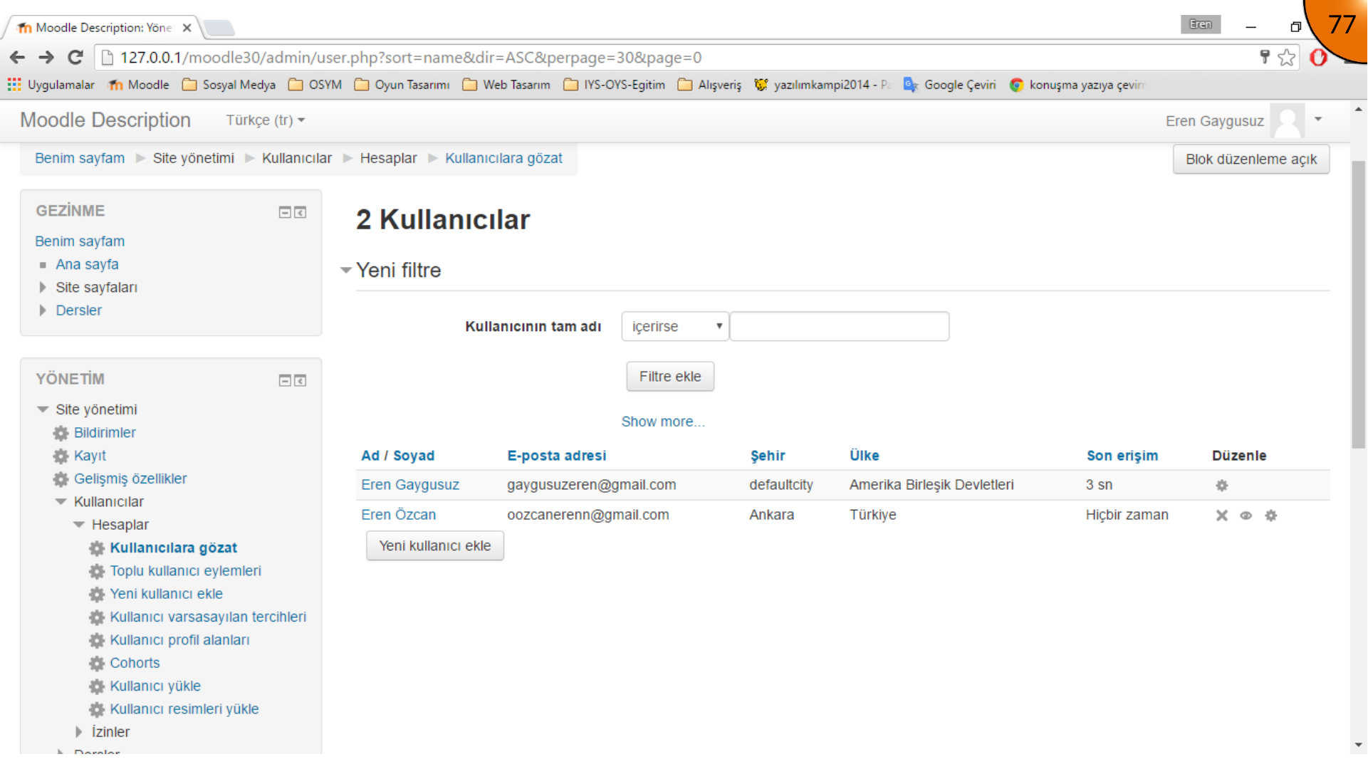 Moodle user list controls for delete, suspend, and profile editing