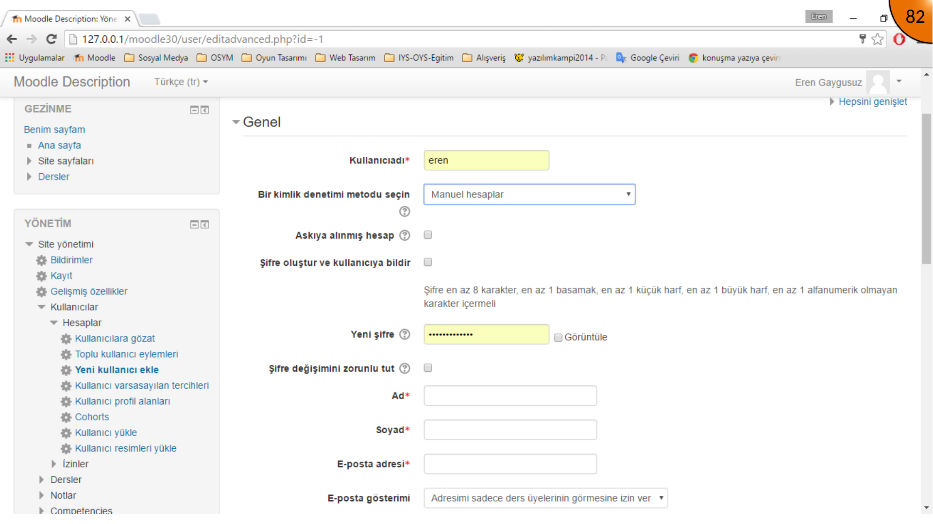 Opening the Moodle New user form