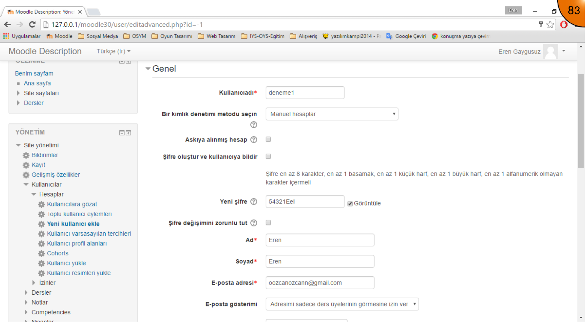 Entering required information for a new Moodle user
