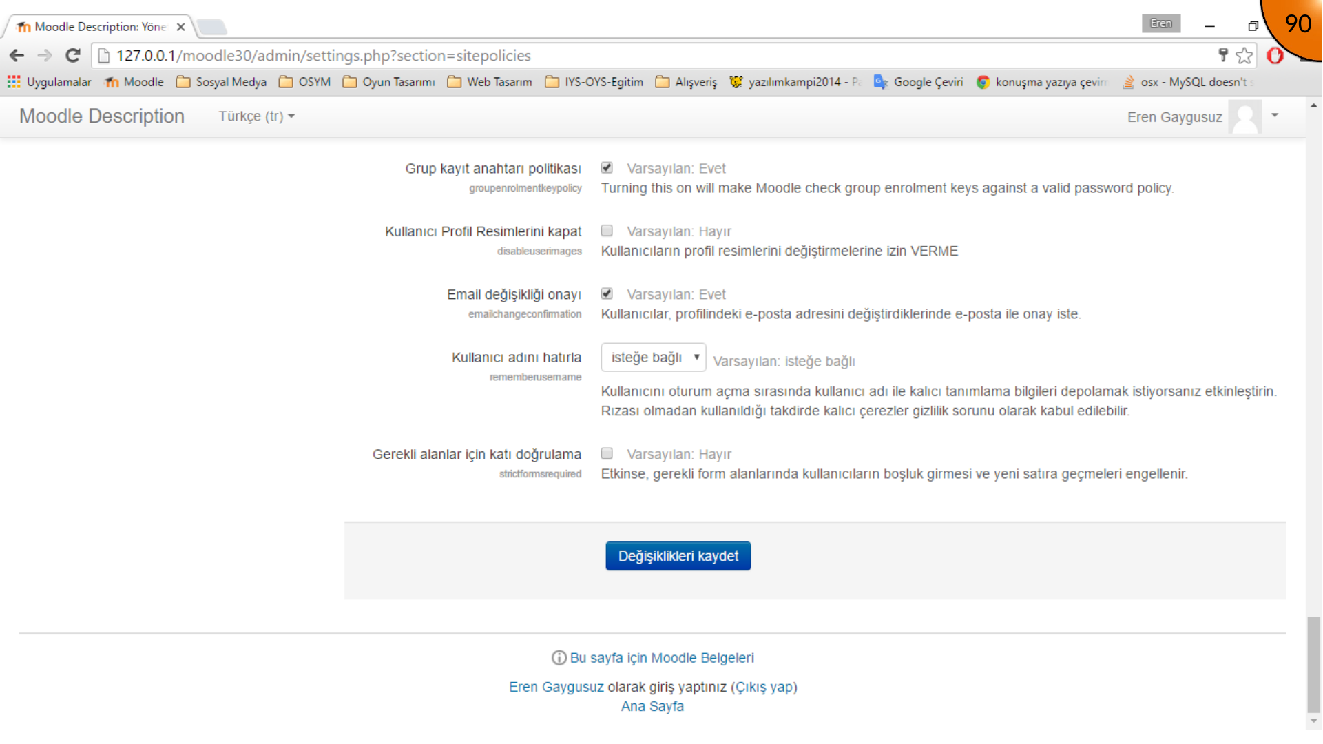 Moodle registration form showing password requirements