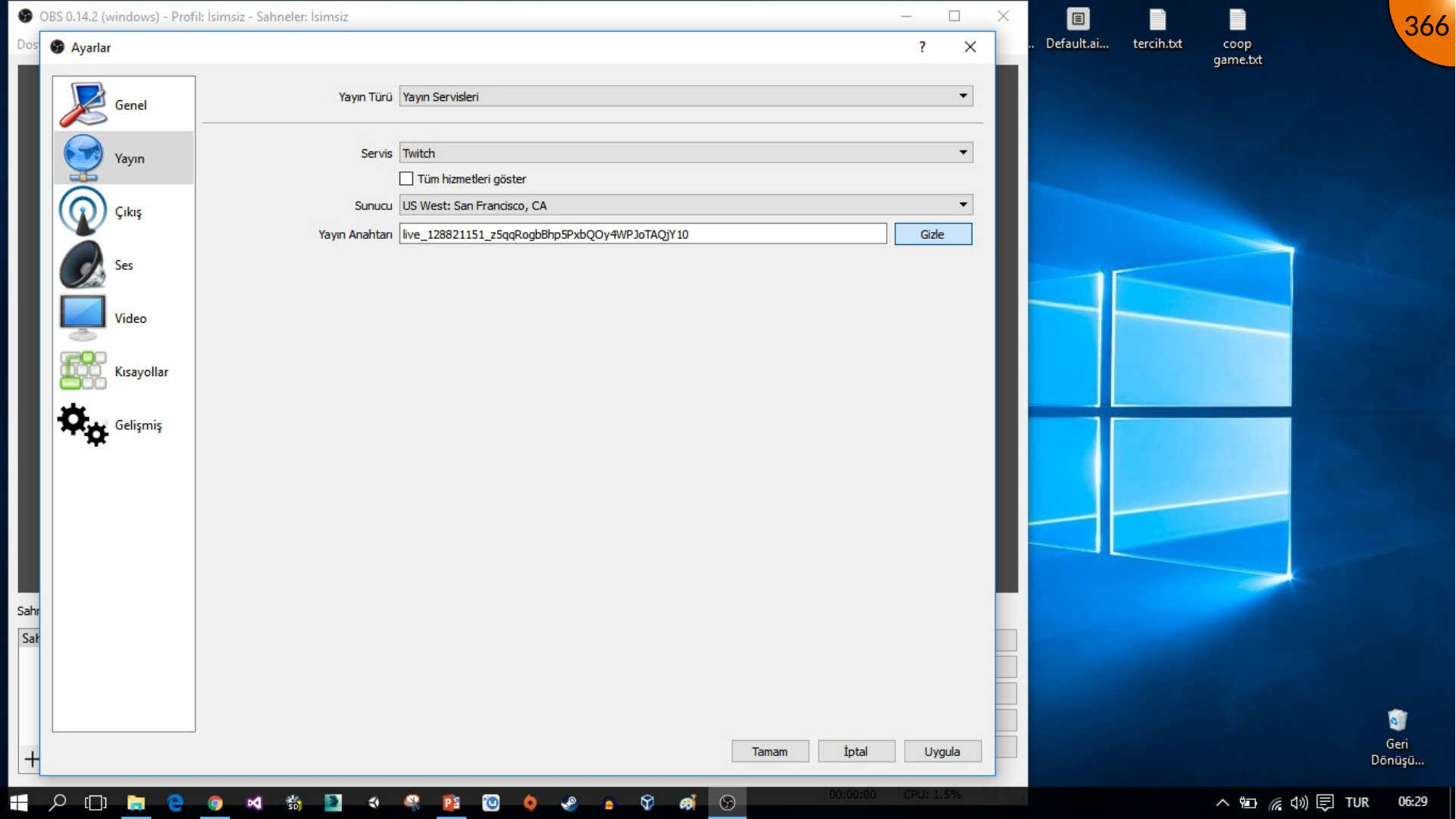 Entering Twitch stream key in OBS stream settings