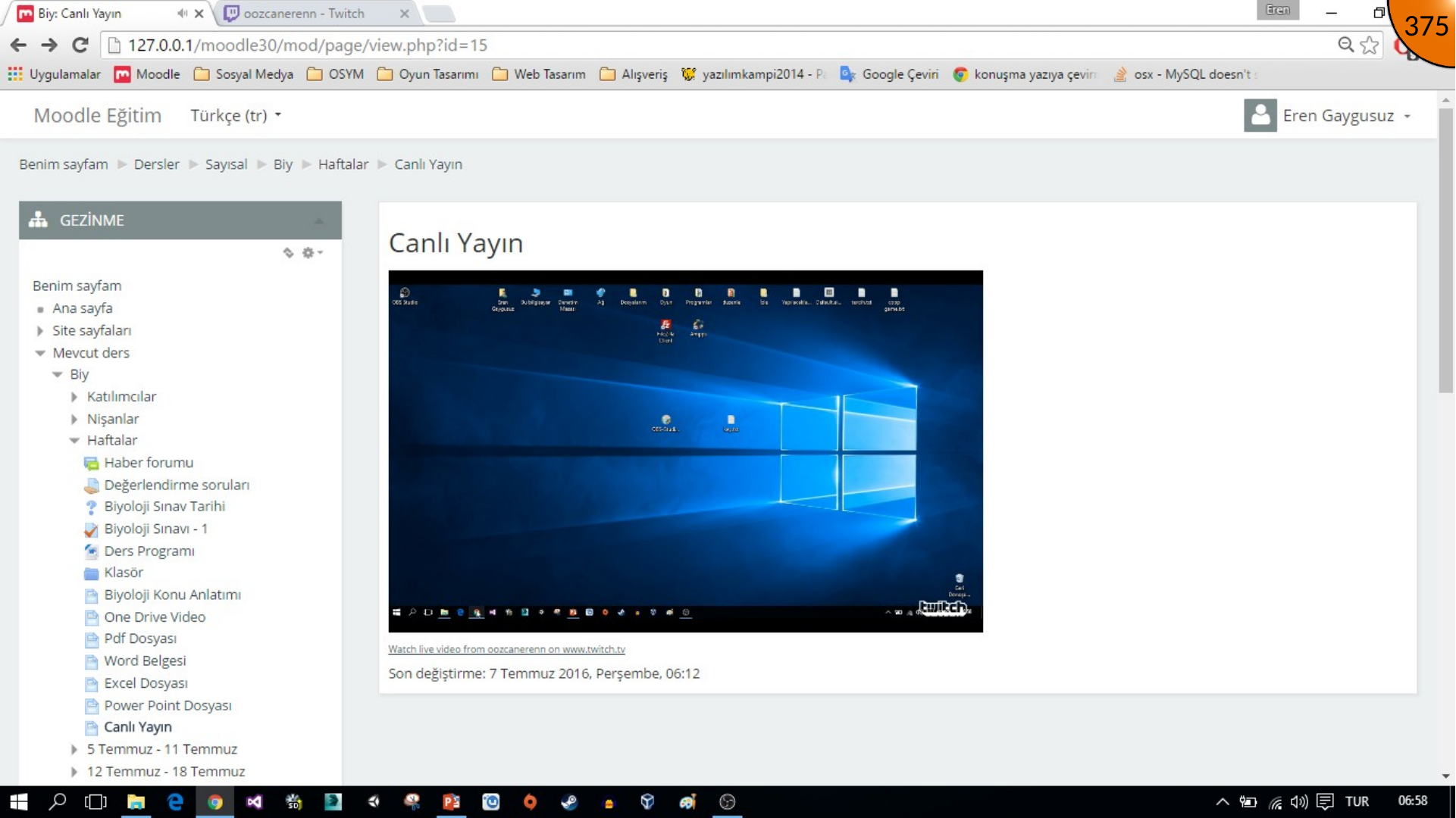 Live desktop stream displayed in Moodle