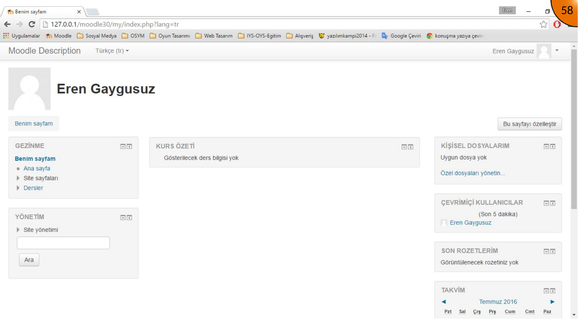 Moodle home page with left, center, and right interface regions