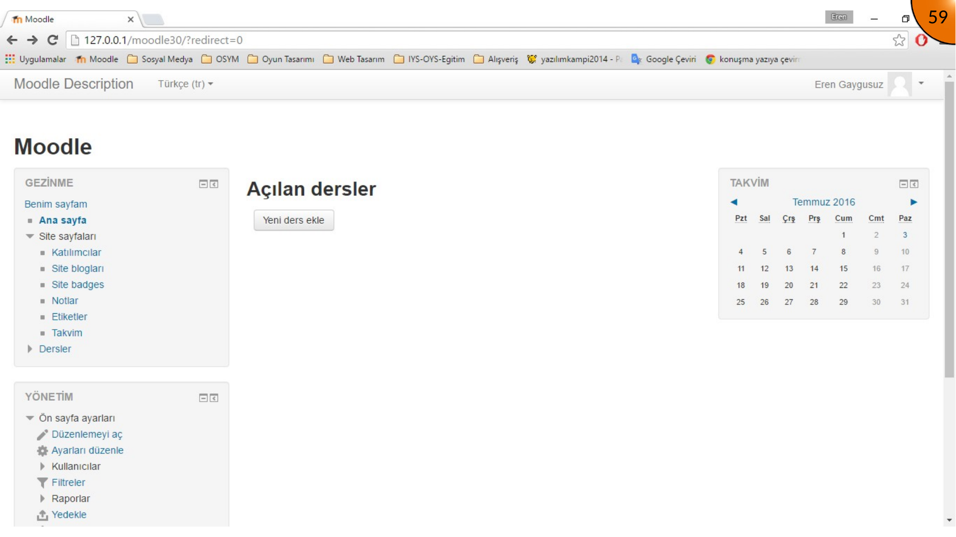 Moodle home page with site pages and calendar blocks