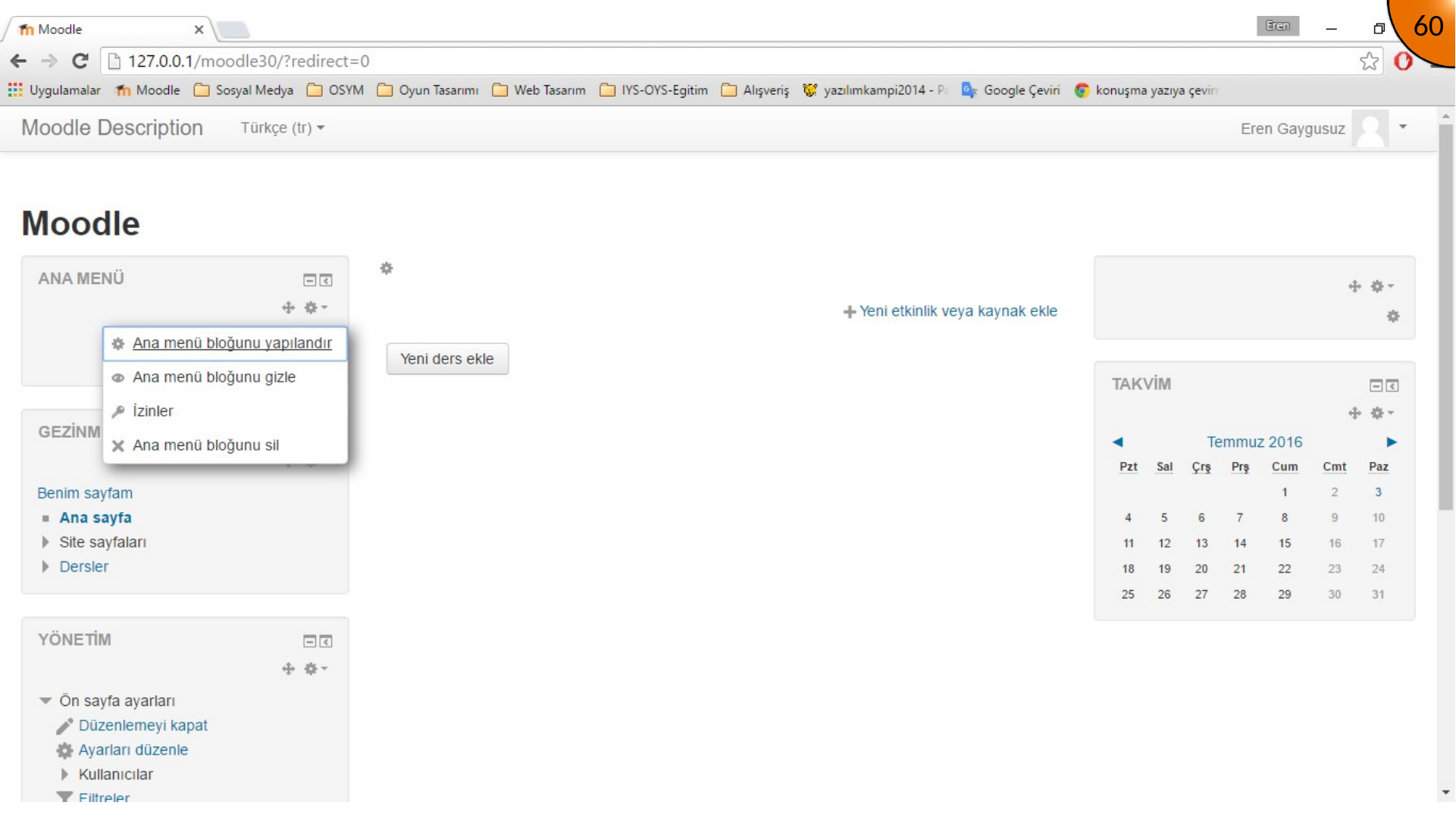 Moodle editing mode with block settings controls