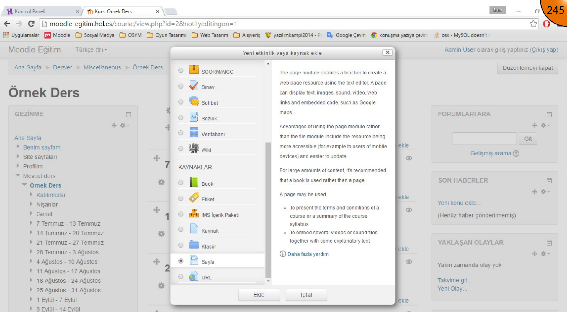 Selecting Moodle Page resource