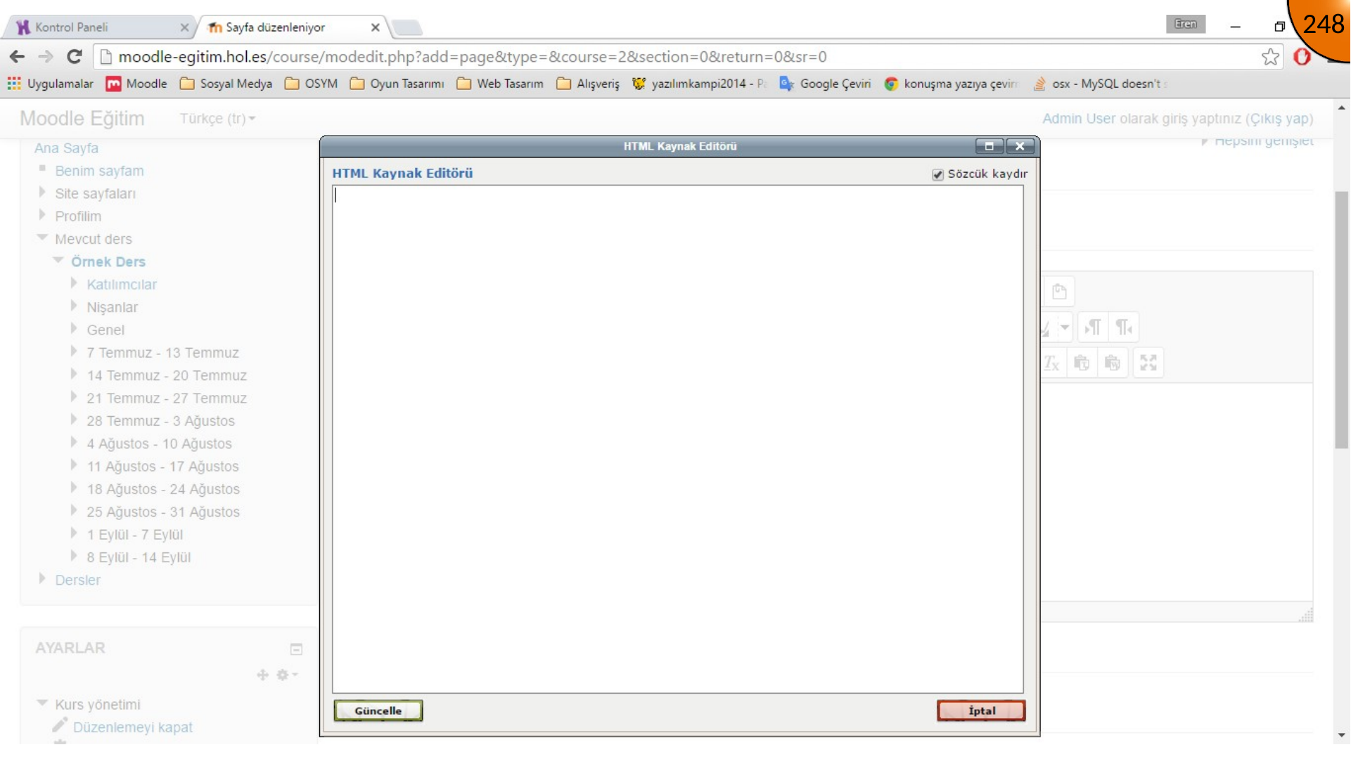 Moodle HTML area ready for embed markup