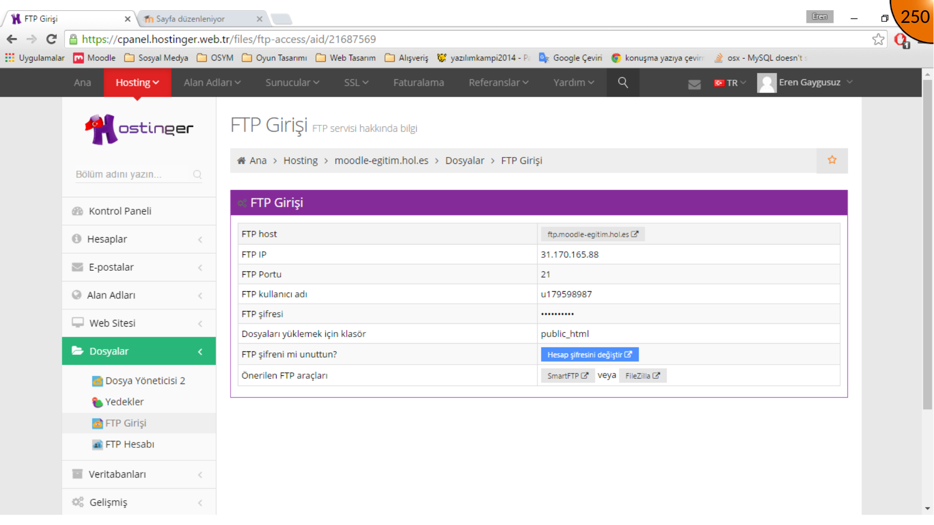 Viewing FTP host and username details