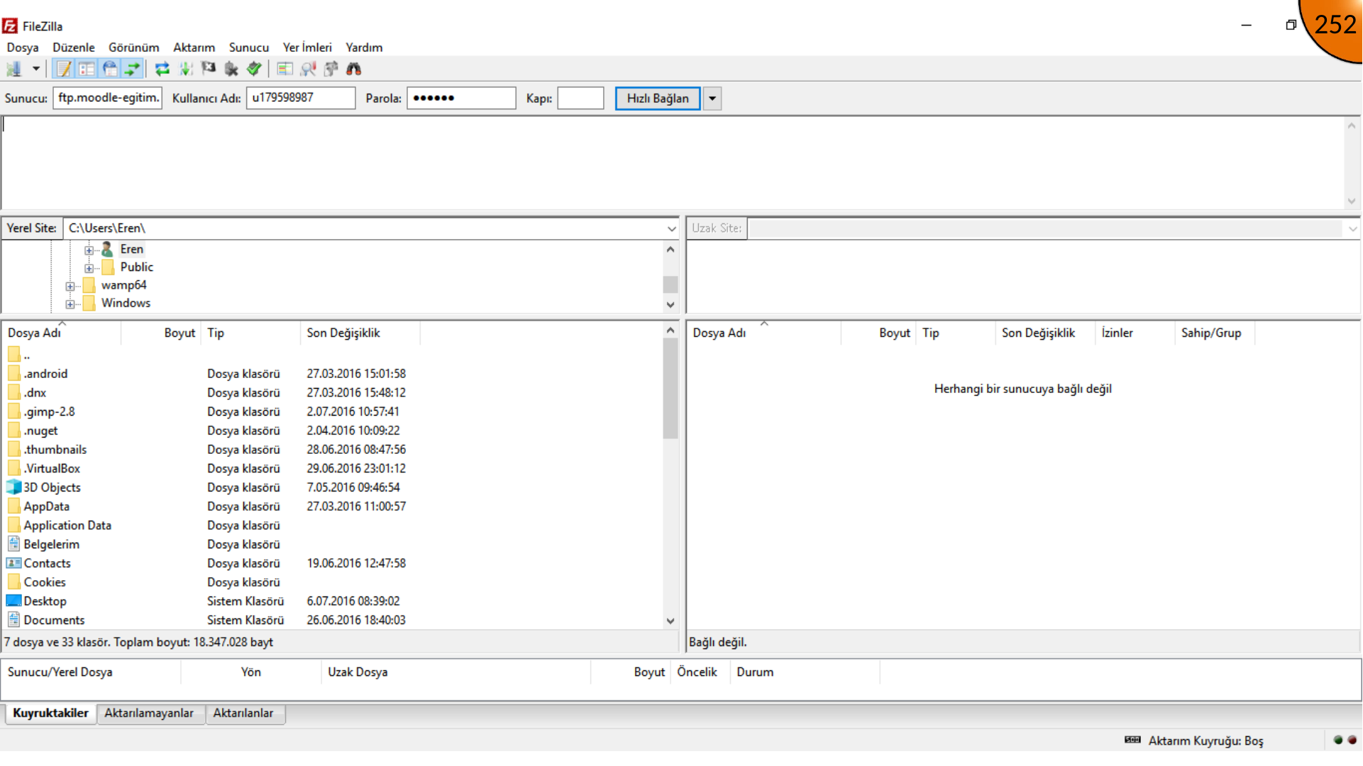 Entering FTP credentials in FileZilla quick connect