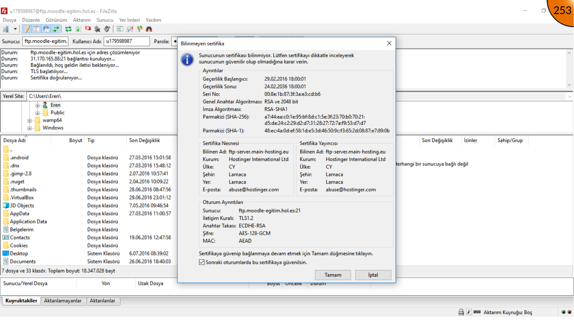 Confirming FileZilla certificate prompt