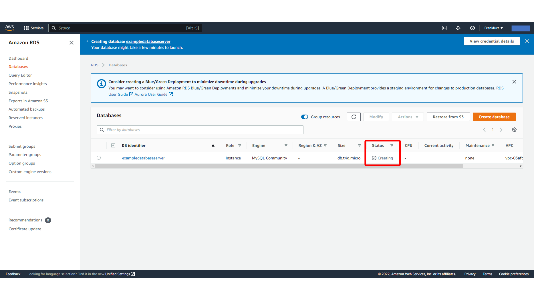 RDS MySQL database creation in progress