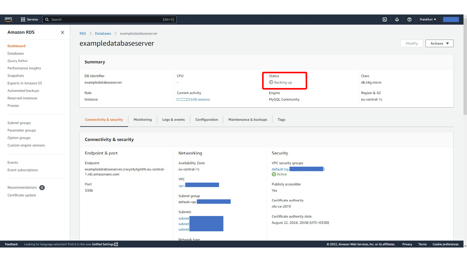 RDS MySQL database instance created