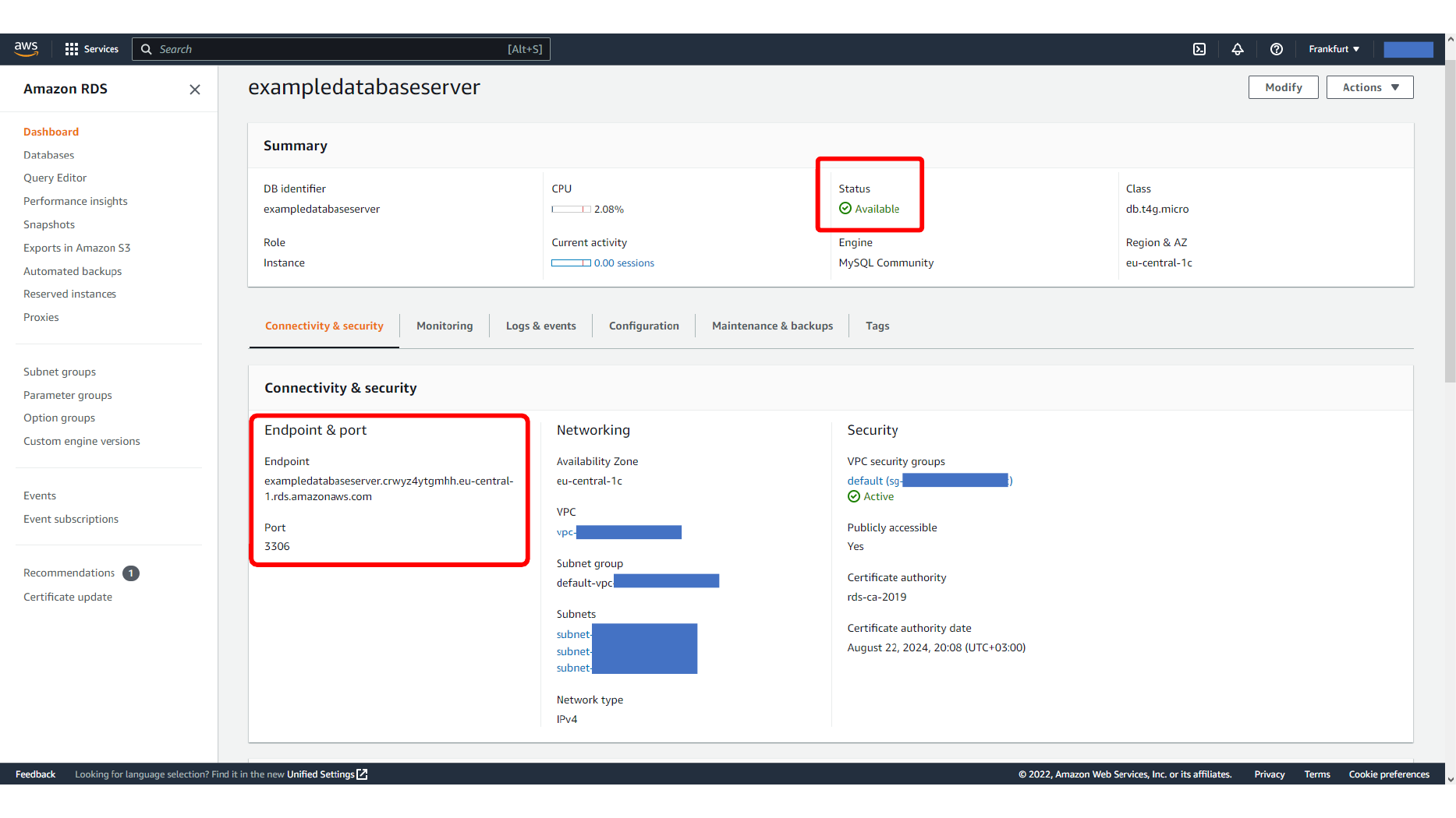 Opening the RDS database details page