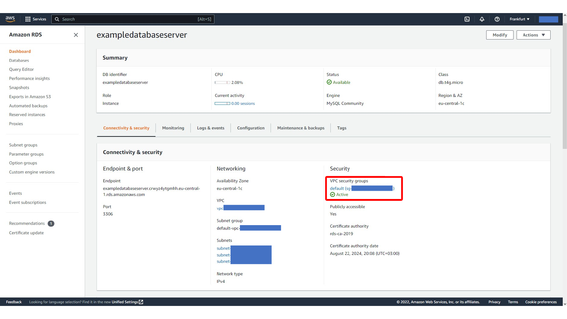 MySQL Workbench connection test for RDS