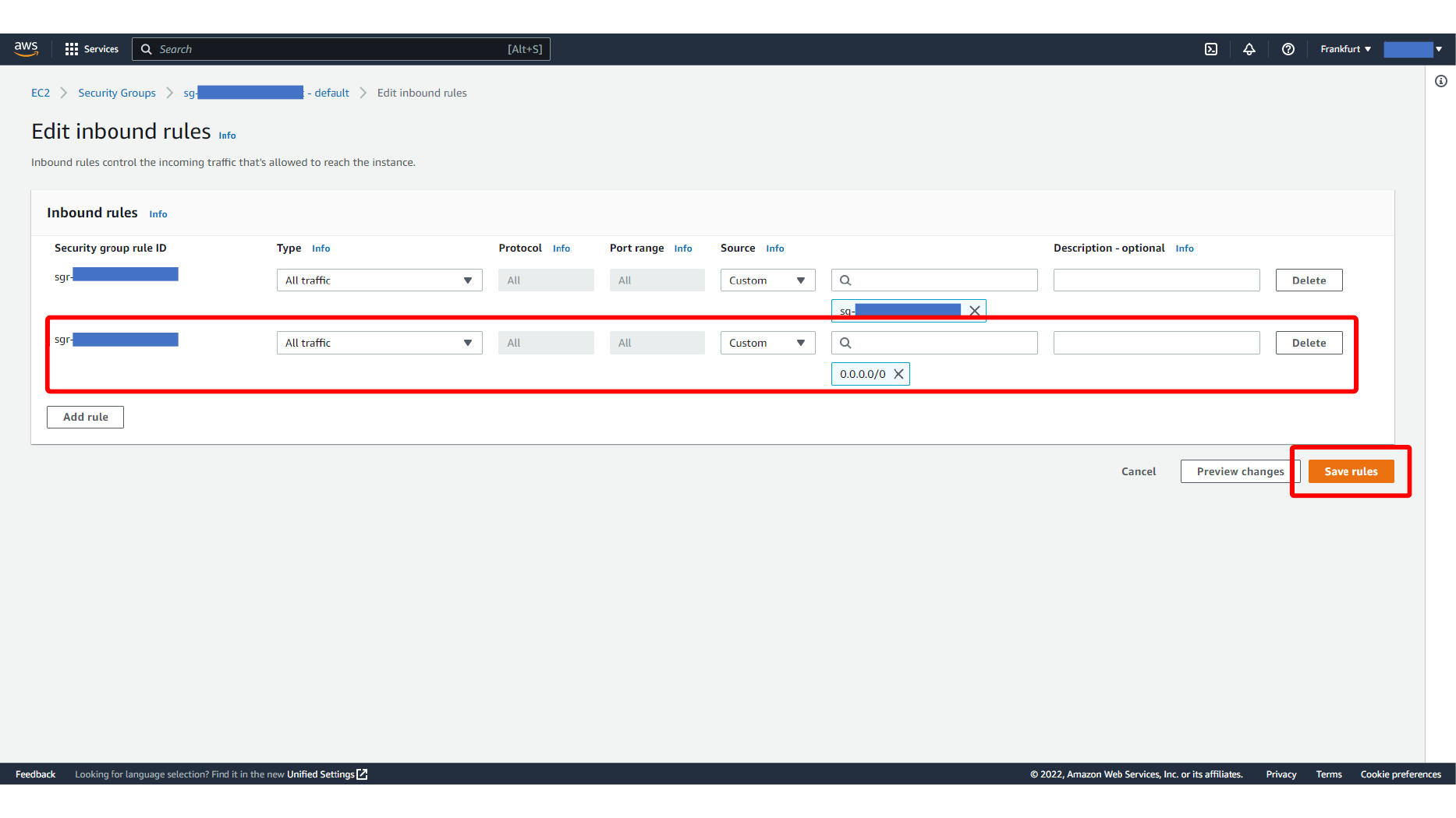 Editing inbound rules for the RDS security group